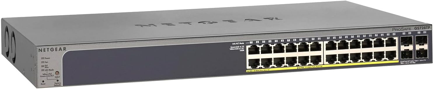 GS728TP-200NAS - Netgear ProSafe 24 x RJ-45 Ports PoE+ 10/100/1000Base-T + 4 x SFP Ports Layer 3 Managed 1U Rack-mountable Gigabit Ethernet Stackable Smart Network Switch