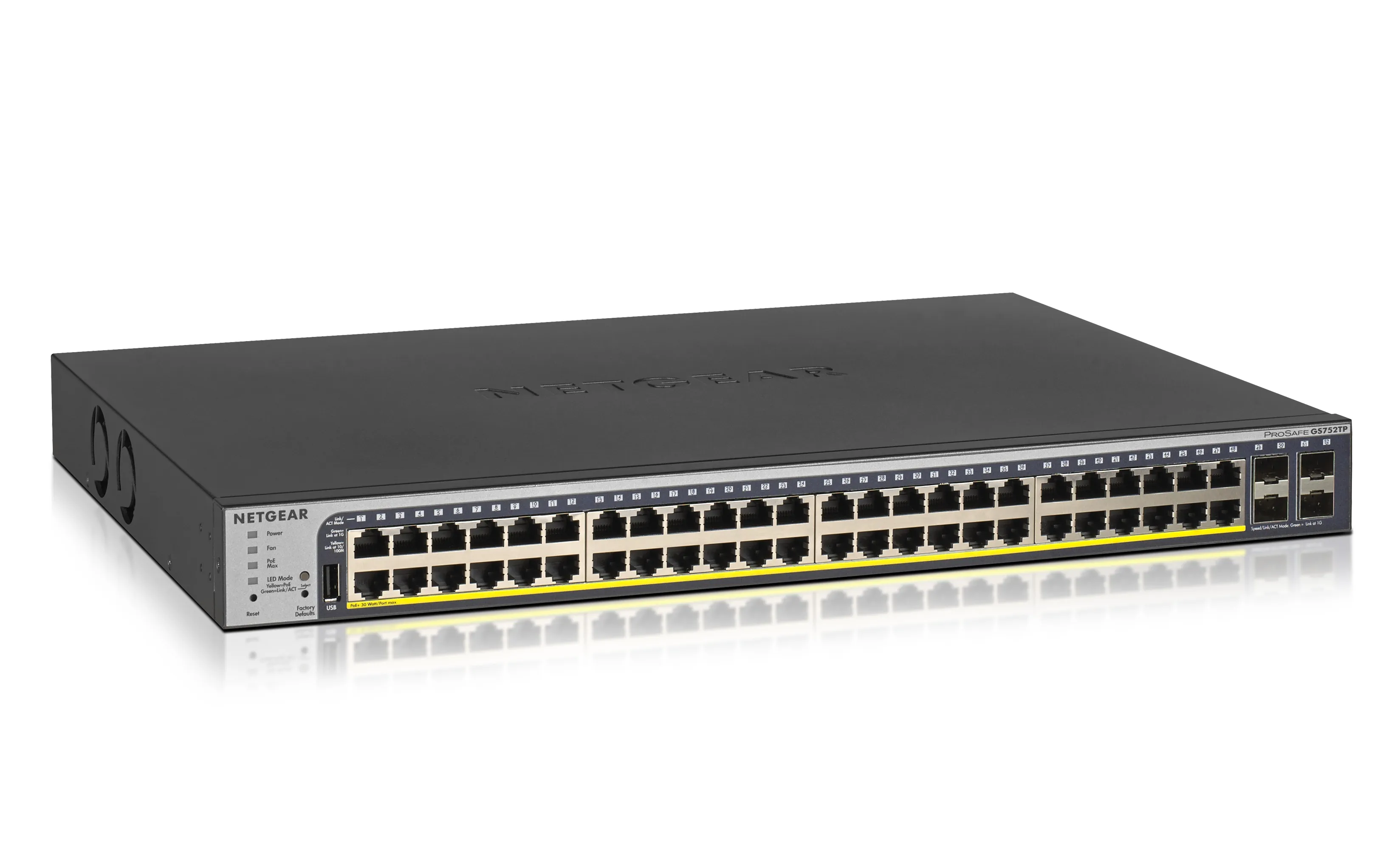 GS752TP - Netgear Prosafe GS752TP 40 x RJ-45 Ports PoE 10/100/1000Base-T + 8 x RJ-45 Ports PoE+ + 4 x SFP Ports Layer 3 Managed Gigabit Ethernet Network Switch