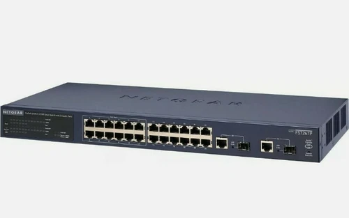 FS726TP - Netgear ProSafe FS726TP 24 x Ports 10/100Base-TX (12 x Ports PoE) + 2 x Ports 1GbE RJ-45 + 2 x Ports SFP Layer 3 Managed 1U Rack-Mountable Fast Ethernet Smart Network Switch