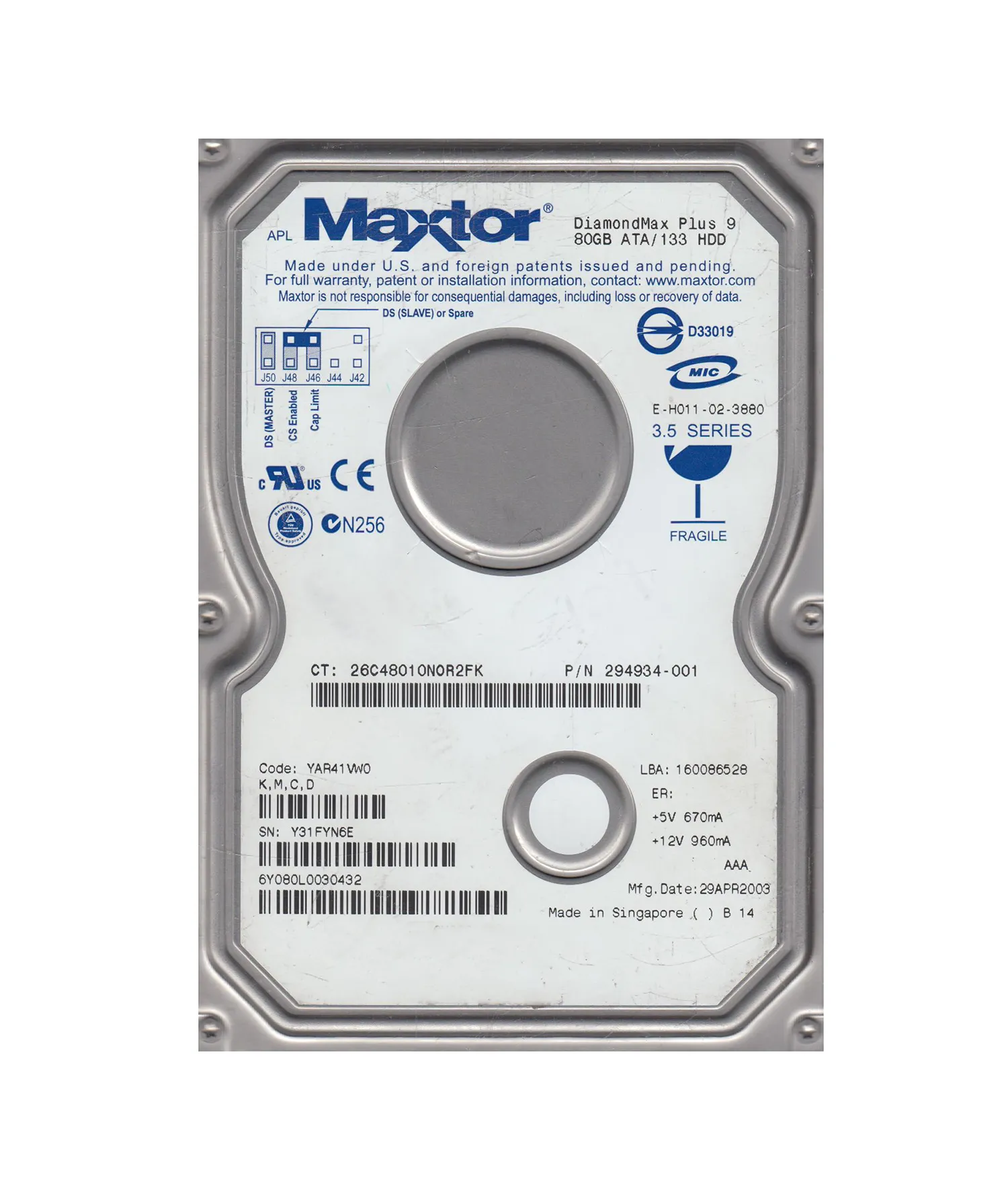Maxtor 6Y080L0030432 DiamondMax Plus 9 80GB 7200RPM ATA-133 2MB Cache 3.5-Inch Hard Drive