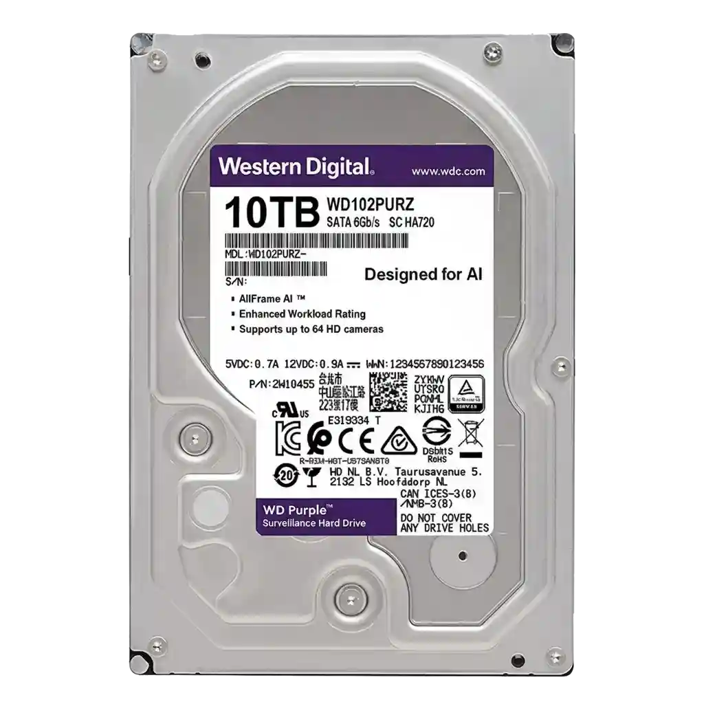 WD102PURZ - Western Digital Purple 10TB 7200RPM SATA 6Gb/s 256MB Cache 3.5-Inch Surveillance Hard Drive